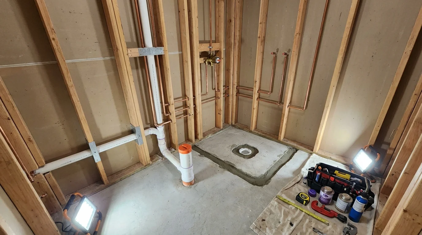 Bathroom rough-in plumbing during remodel by Johns Plumbing LLC in Assonet