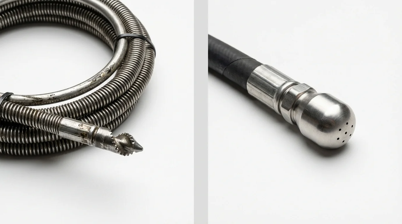 Drain snake cable and hydro jetting nozzle used for drain cleaning in Assonet, MA