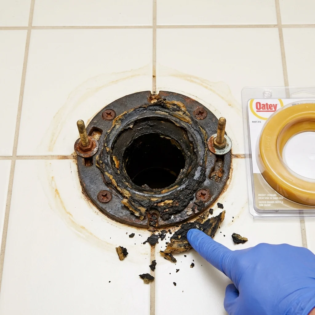Failed wax ring showing water seepage at the base of a toilet in a Assonet, MA home