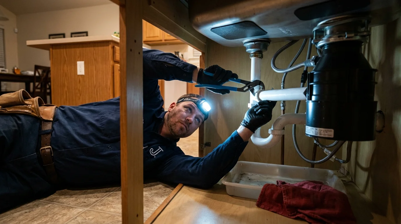 P-trap and supply line connections under a kitchen sink showing a common leak point in Assonet, MA